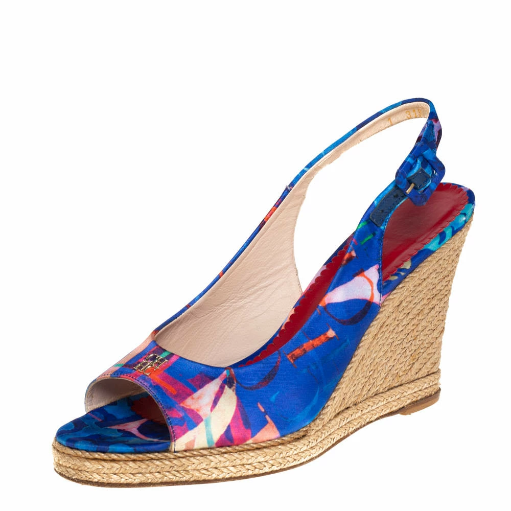 Carolina Herrera Blue Printed Satin Wedge Espadrille Slingback Sandals Size 39 Women