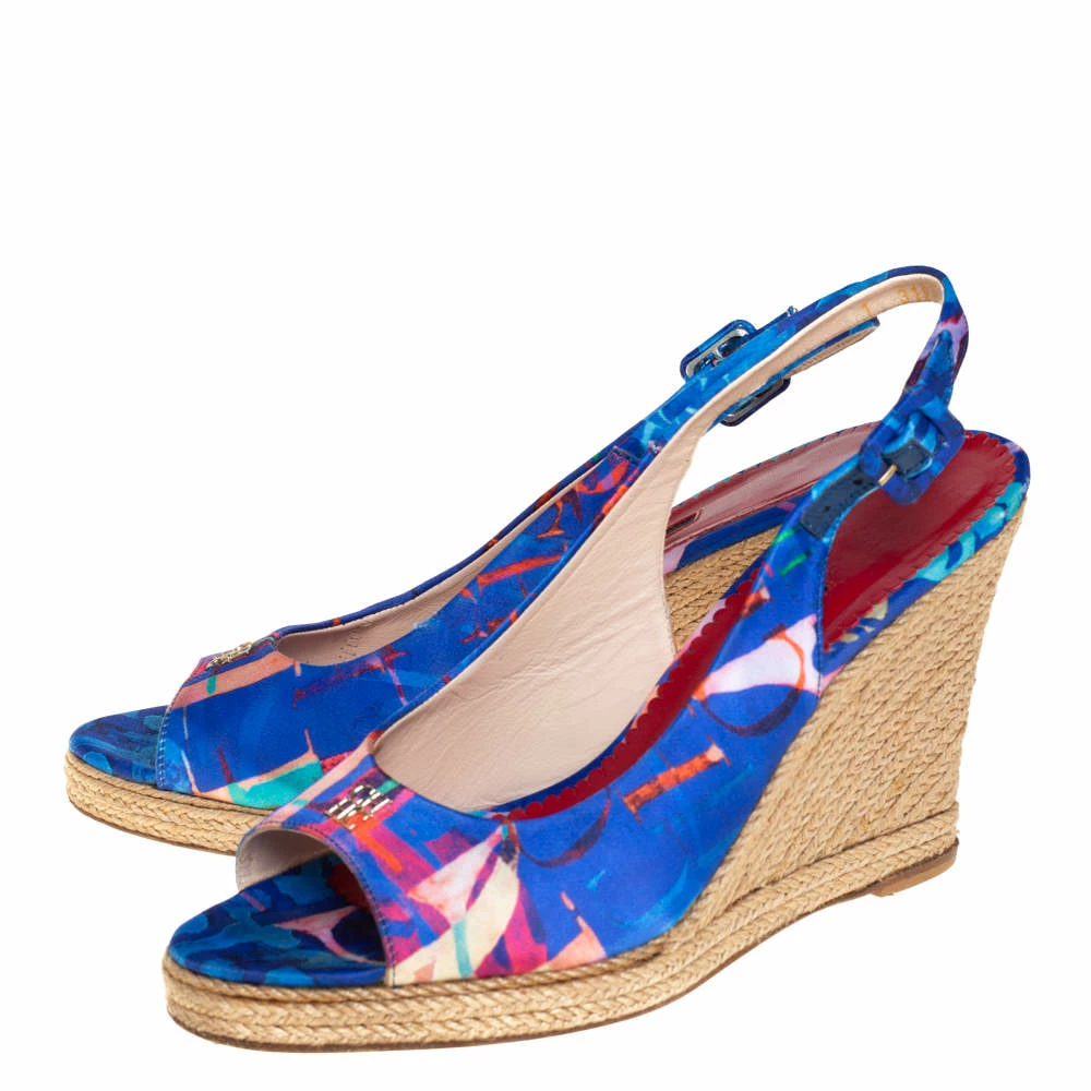 Carolina Herrera Blue Printed Satin Wedge Espadrille Slingback Sandals Size 39 Women