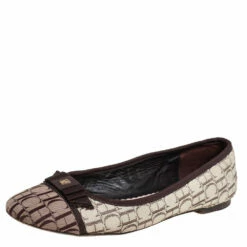 Carolina Herrera Brown/Beige Monogram Canvas Cap Toe Bow Ballet Flats Size 39 Women