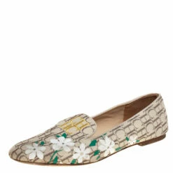 Carolina Herrera Beige Floral Print Signature Canvas Logo Smoking Slippers Size 39 Women