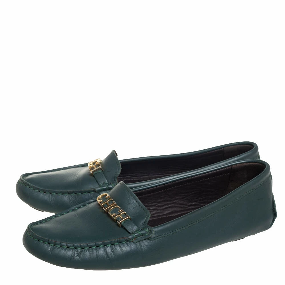 Carolina Herrera Green Leather Logo Detail Slip On Loafers Size 41 Women