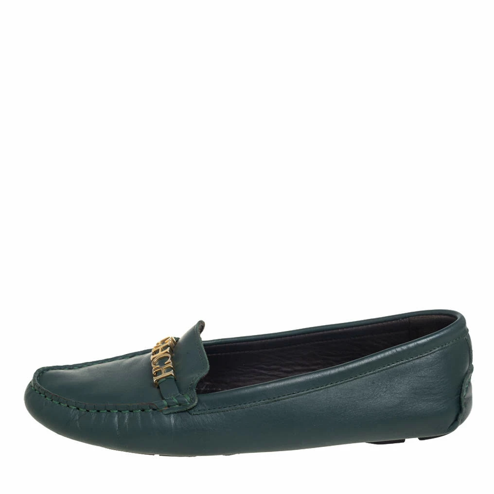 Carolina Herrera Green Leather Logo Detail Slip On Loafers Size 41 Women