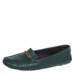 Carolina Herrera Green Leather Logo Detail Slip On Loafers Size 41 Women