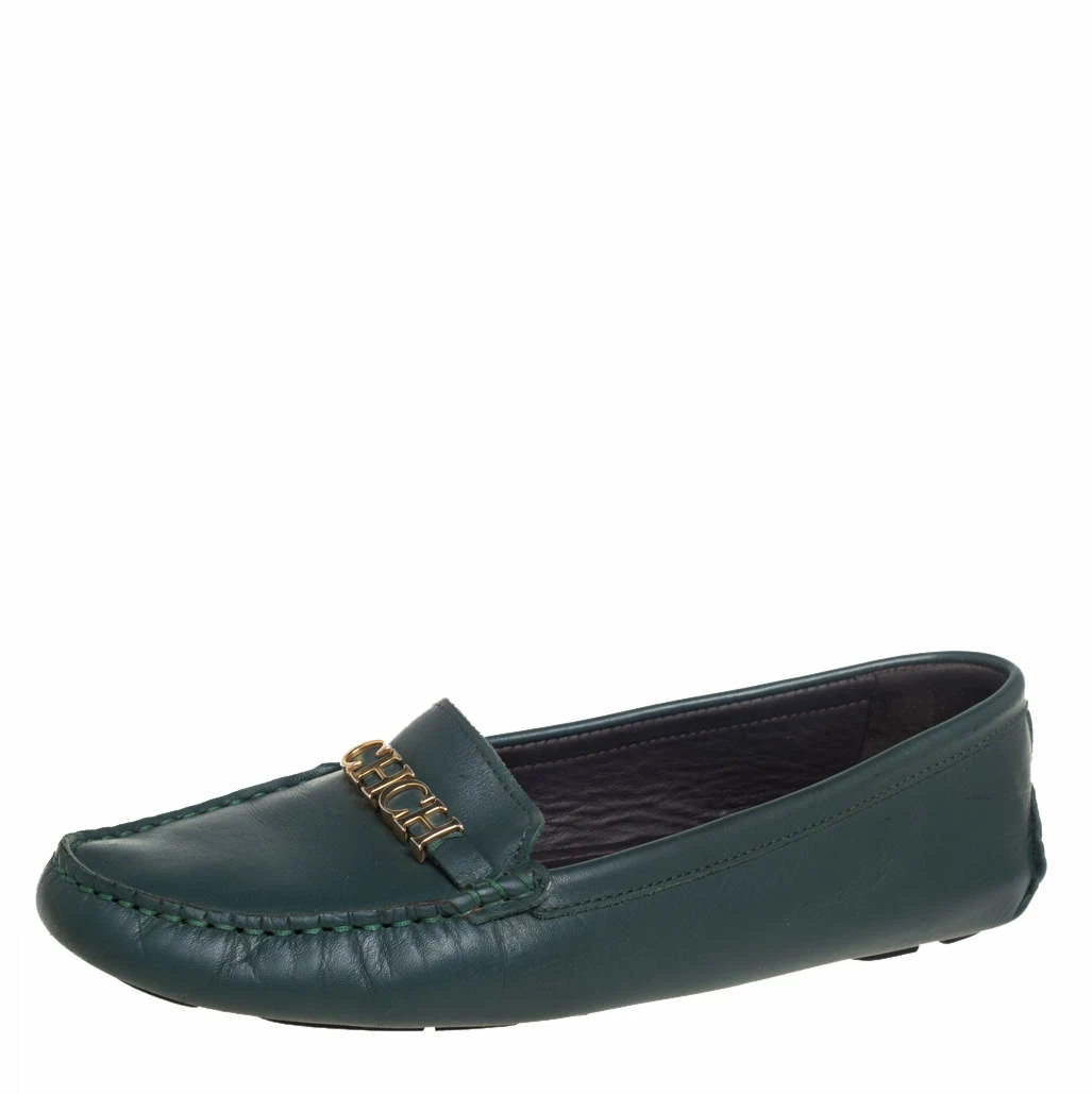 Carolina Herrera Green Leather Logo Detail Slip On Loafers Size 41 Women