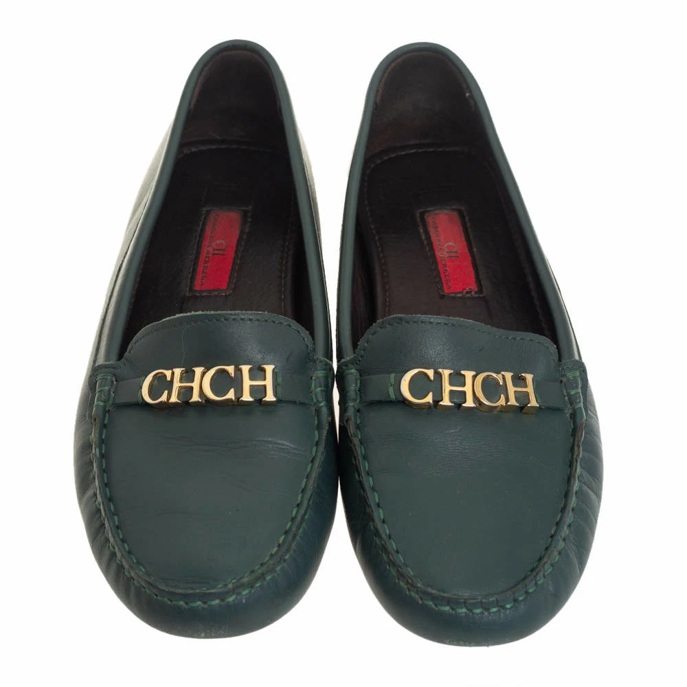 Carolina Herrera Green Leather Logo Detail Slip On Loafers Size 41 Women