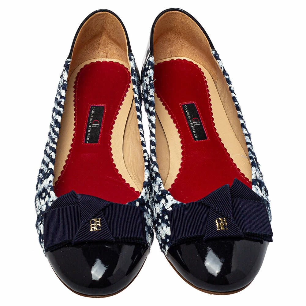 Carolina Herrera Blue/White Tweed And Patent Leather Ballet Flats Size 40 Women