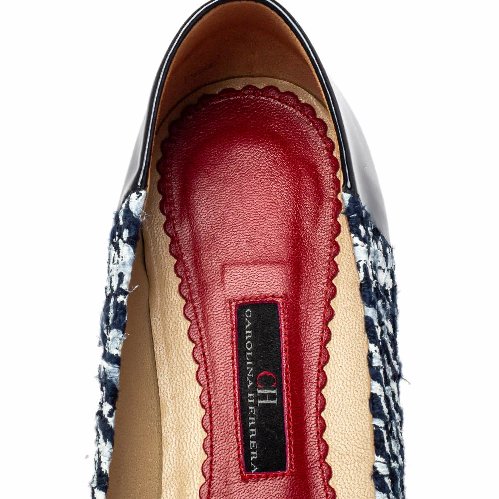 Carolina Herrera Blue/White Tweed And Patent Leather Ballet Flats Size 40 Women