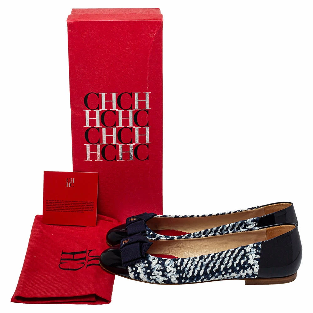 Carolina Herrera Blue/White Tweed And Patent Leather Ballet Flats Size 40 Women