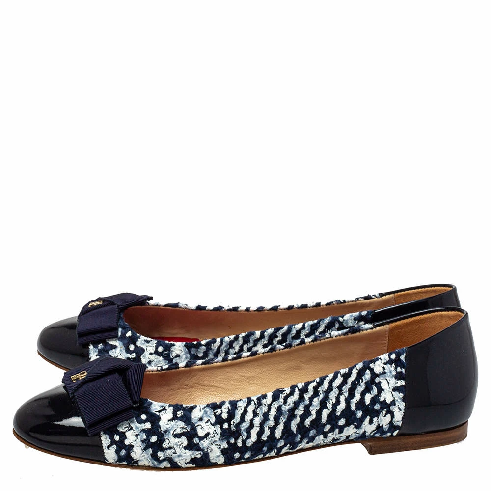 Carolina Herrera Blue/White Tweed And Patent Leather Ballet Flats Size 40 Women