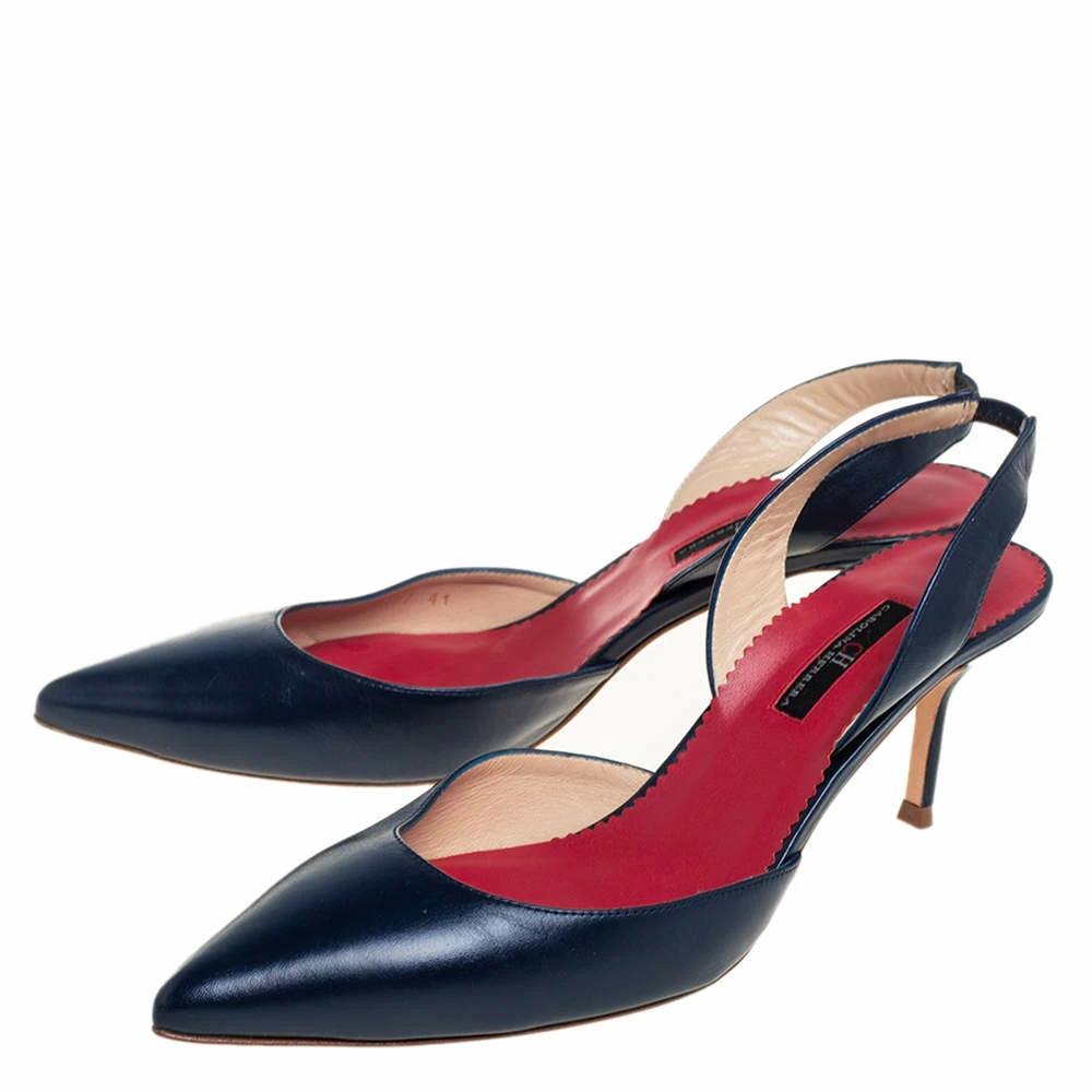 Carolina Herrera Navy Blue Leather Slingback Pumps Size 41 Women