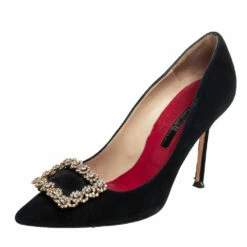 Carolina Herrera Black Suede Crystal Embellished Pointed Toe Pumps Size 36 Women