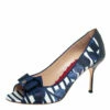 Carolina Herrera Blue/White Satin And Leather Bow Peep Toe Pumps Size 38 Women