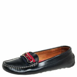 Carolina Herrera Black Leather Initials Cut-Out Slip On Loafers Size 38 Women