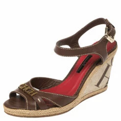 Carolina Herrera Brown Leather And Canvas Espadrille Wedge Ankle Strap Sandals Size 39 Women
