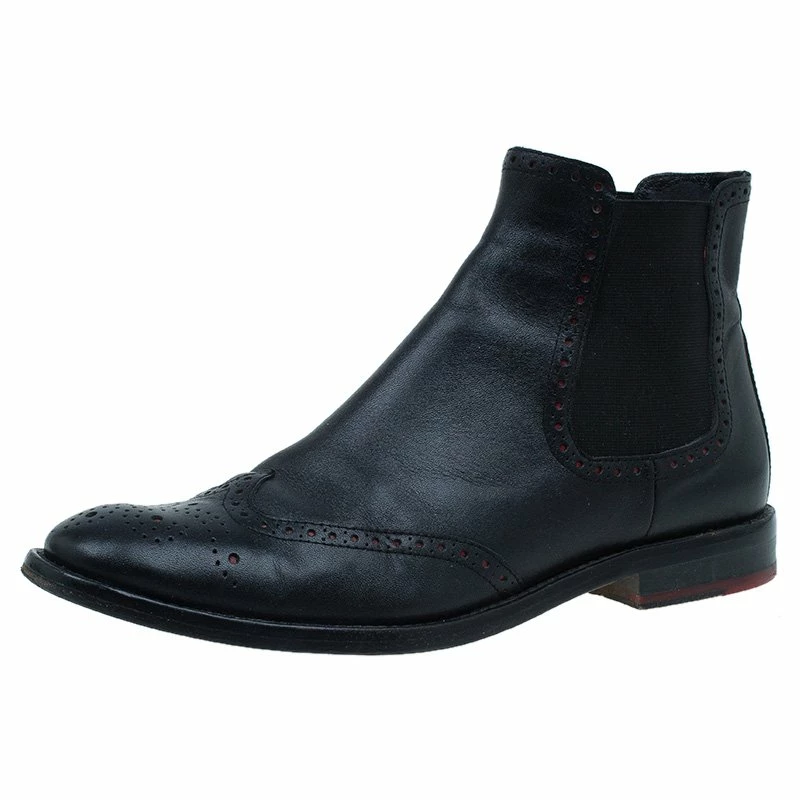 Carolina Herrera Black Leather Brogue Ankle Boots Size 37 Women