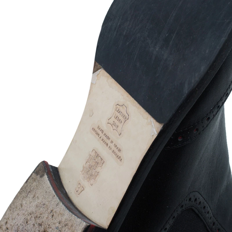 Carolina Herrera Black Leather Brogue Ankle Boots Size 37 Women
