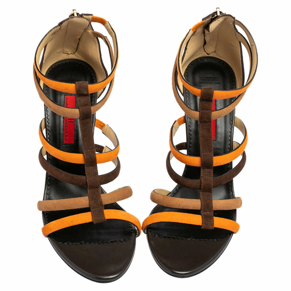 Carolina Herrera Brown/Orange Suede Strappy Sandals Size 37 Women