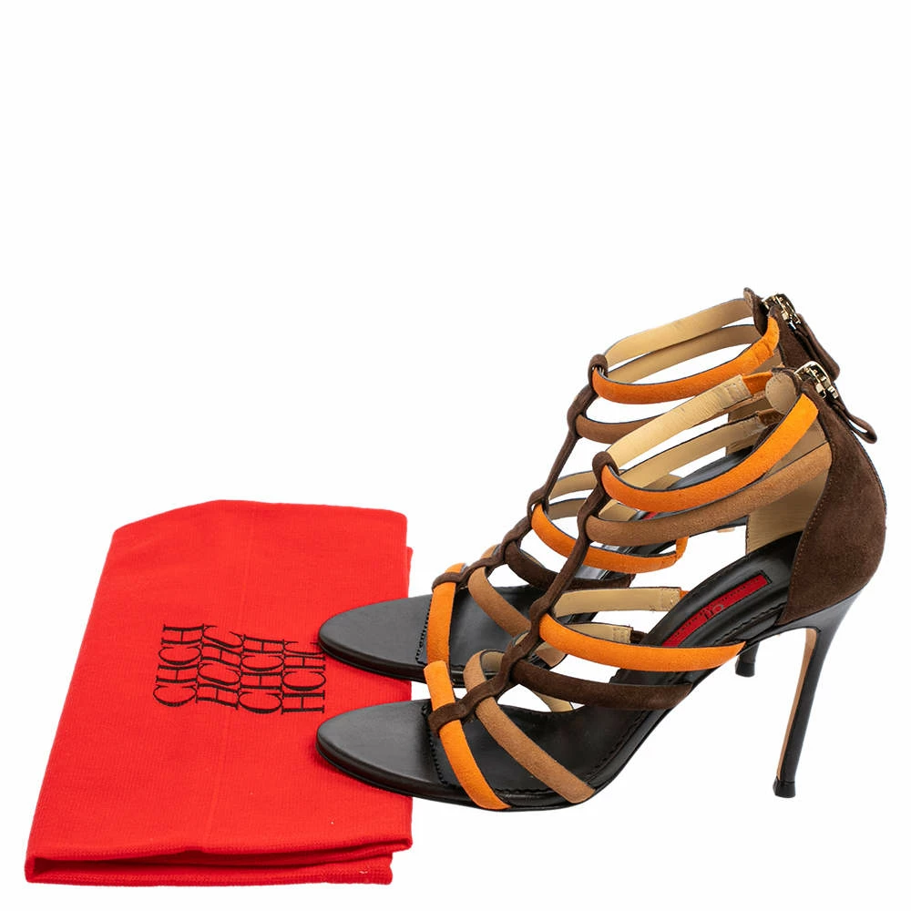 Carolina Herrera Brown/Orange Suede Strappy Sandals Size 37 Women