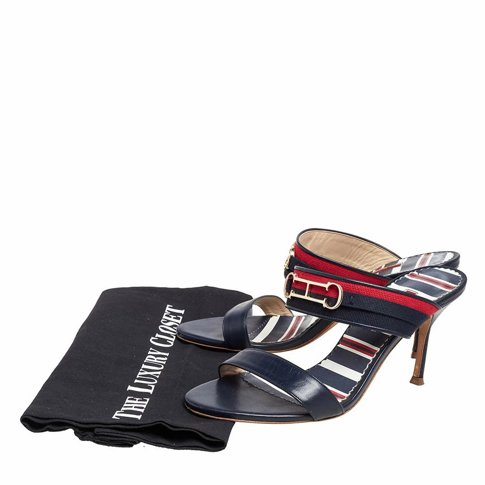 Carolina Herrera Navy Blue/Red Leather and Fabric CH Logo Slide Sandals Size 37 Women