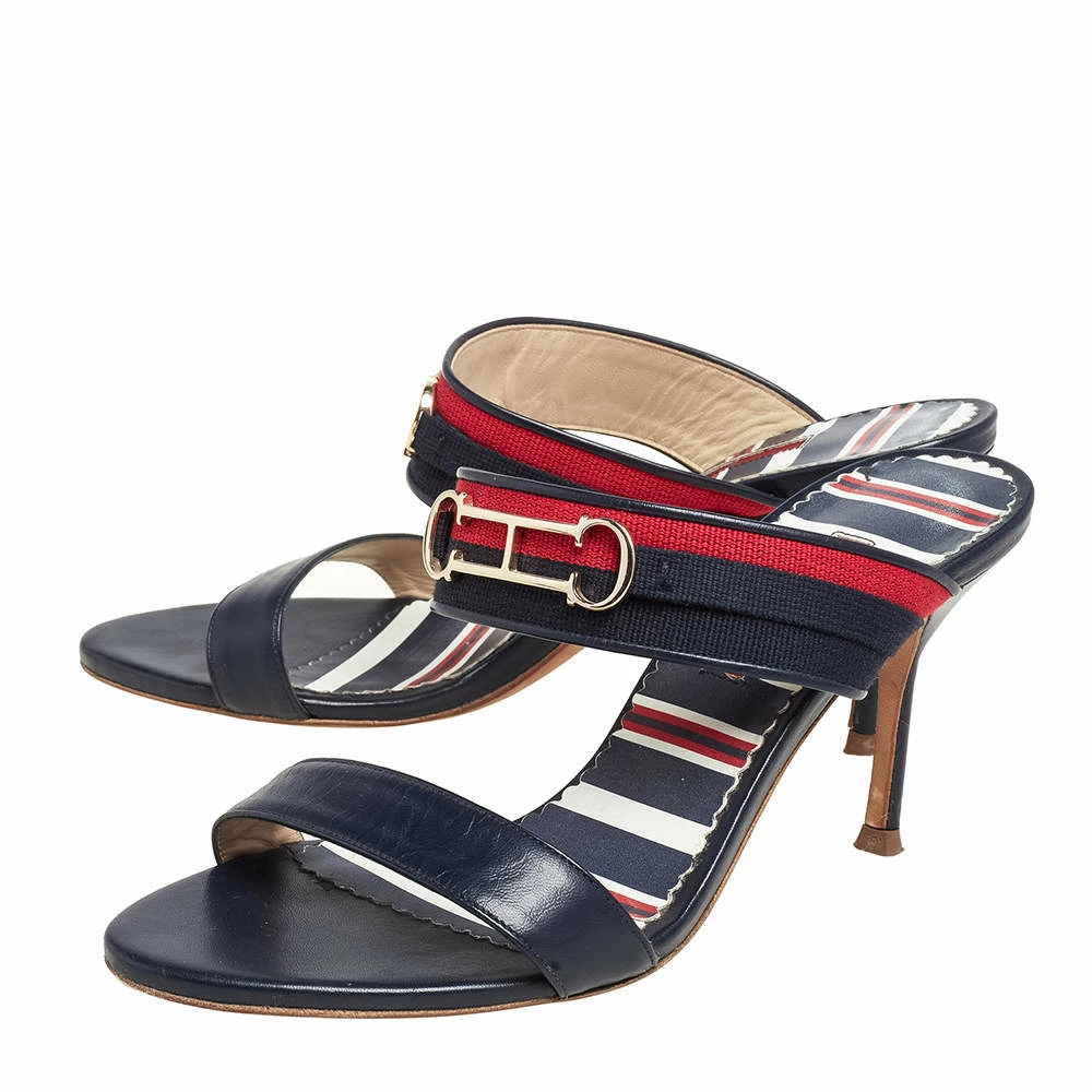Carolina Herrera Navy Blue/Red Leather and Fabric CH Logo Slide Sandals Size 37 Women