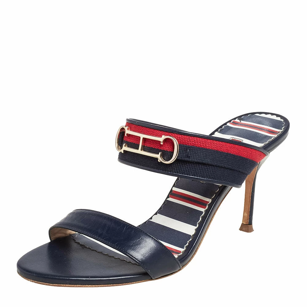 Carolina Herrera Navy Blue/Red Leather and Fabric CH Logo Slide Sandals Size 37 Women