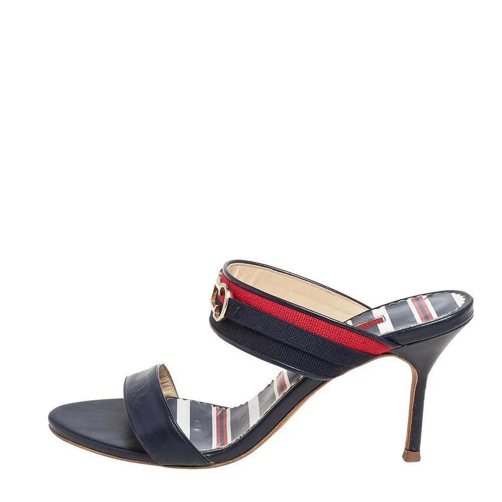 Carolina Herrera Navy Blue/Red Leather and Fabric CH Logo Slide Sandals Size 37 Women