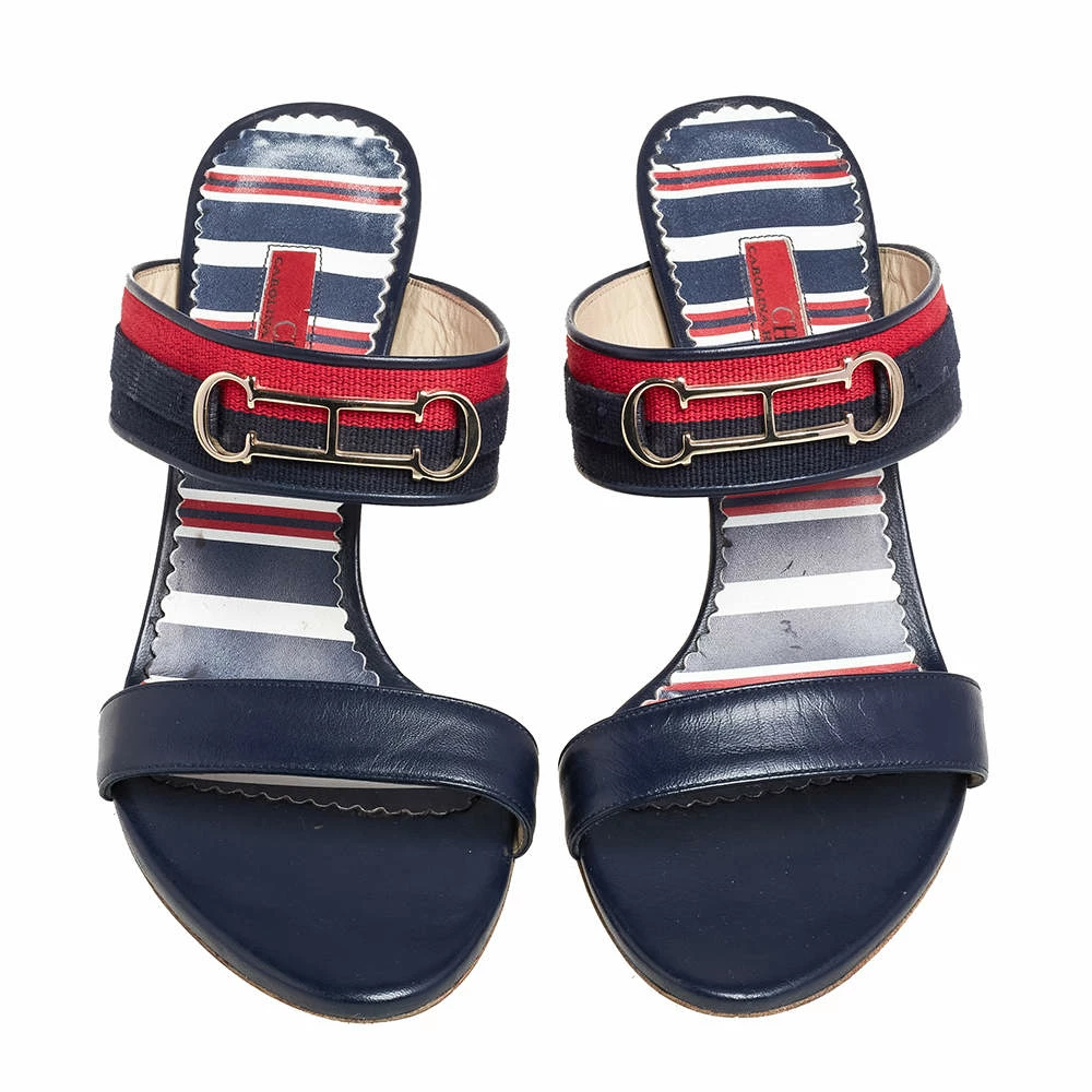 Carolina Herrera Navy Blue/Red Leather and Fabric CH Logo Slide Sandals Size 37 Women