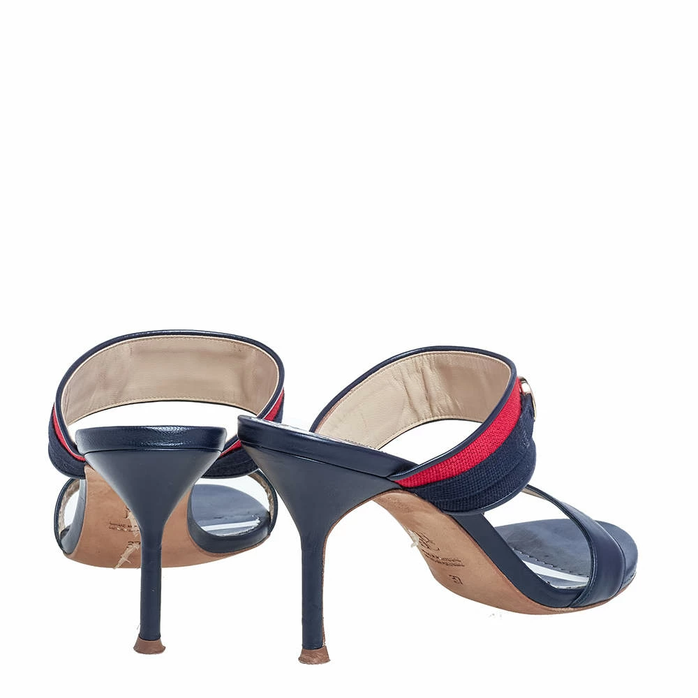 Carolina Herrera Navy Blue/Red Leather and Fabric CH Logo Slide Sandals Size 37 Women