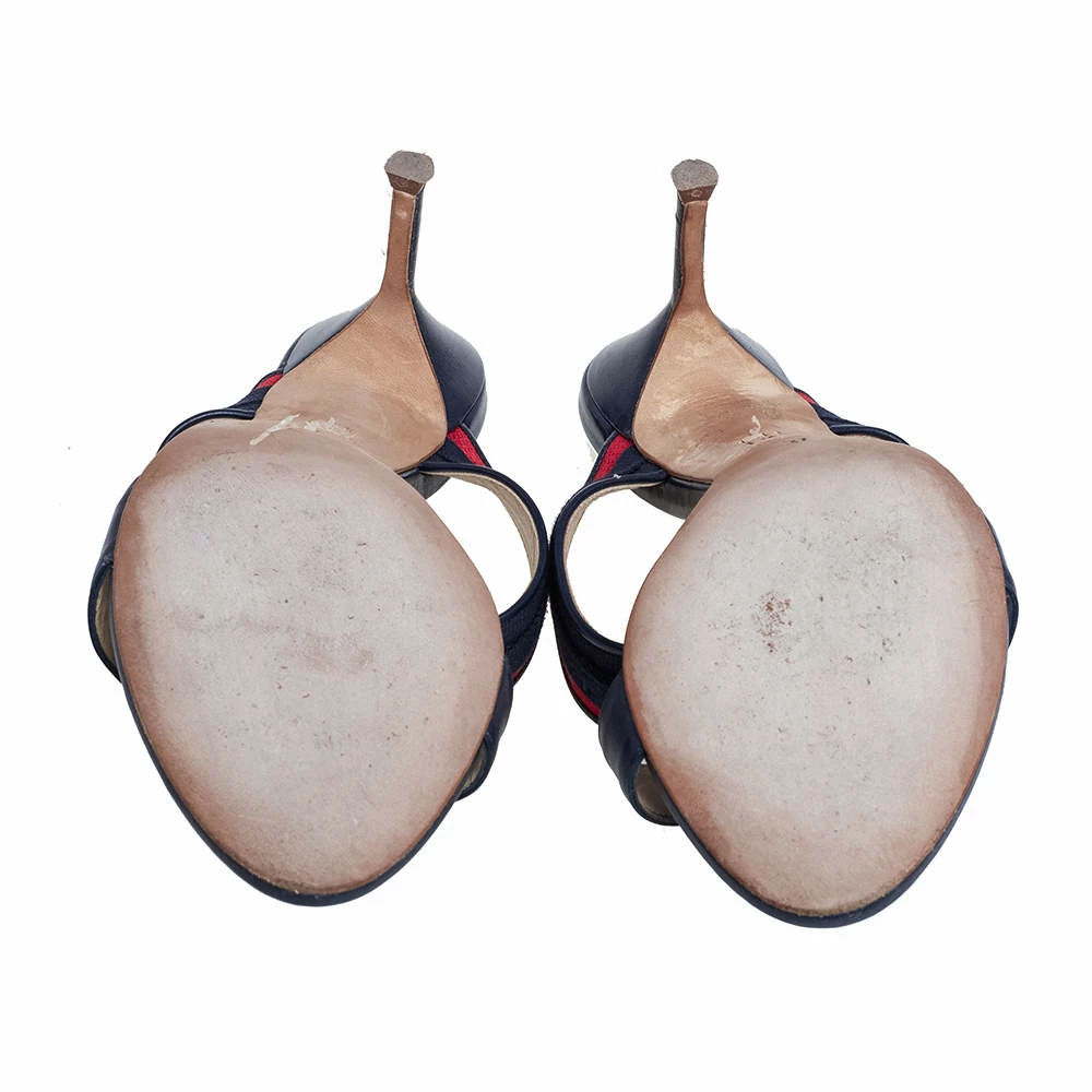 Carolina Herrera Navy Blue/Red Leather and Fabric CH Logo Slide Sandals Size 37 Women