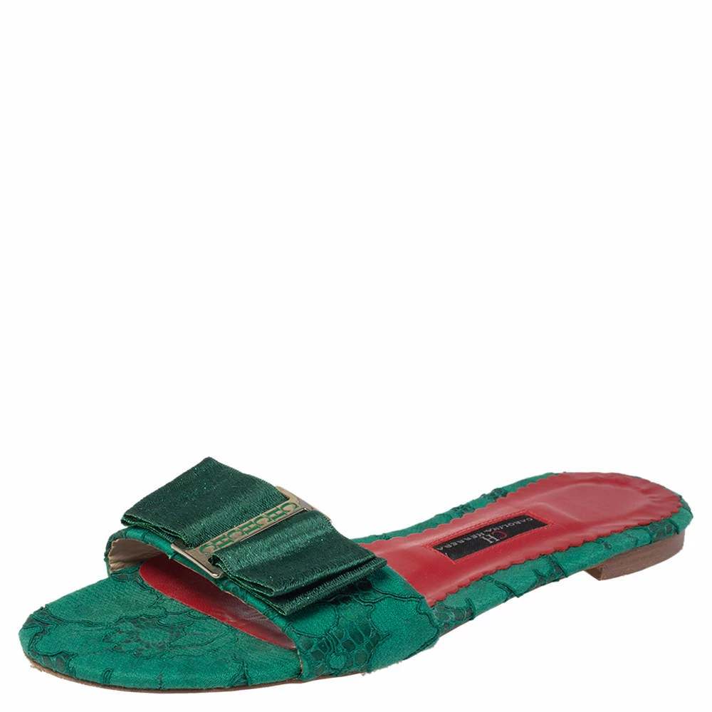 Carolina Herrera Green Lace Bow Detail Flat Slides Size 37 Women