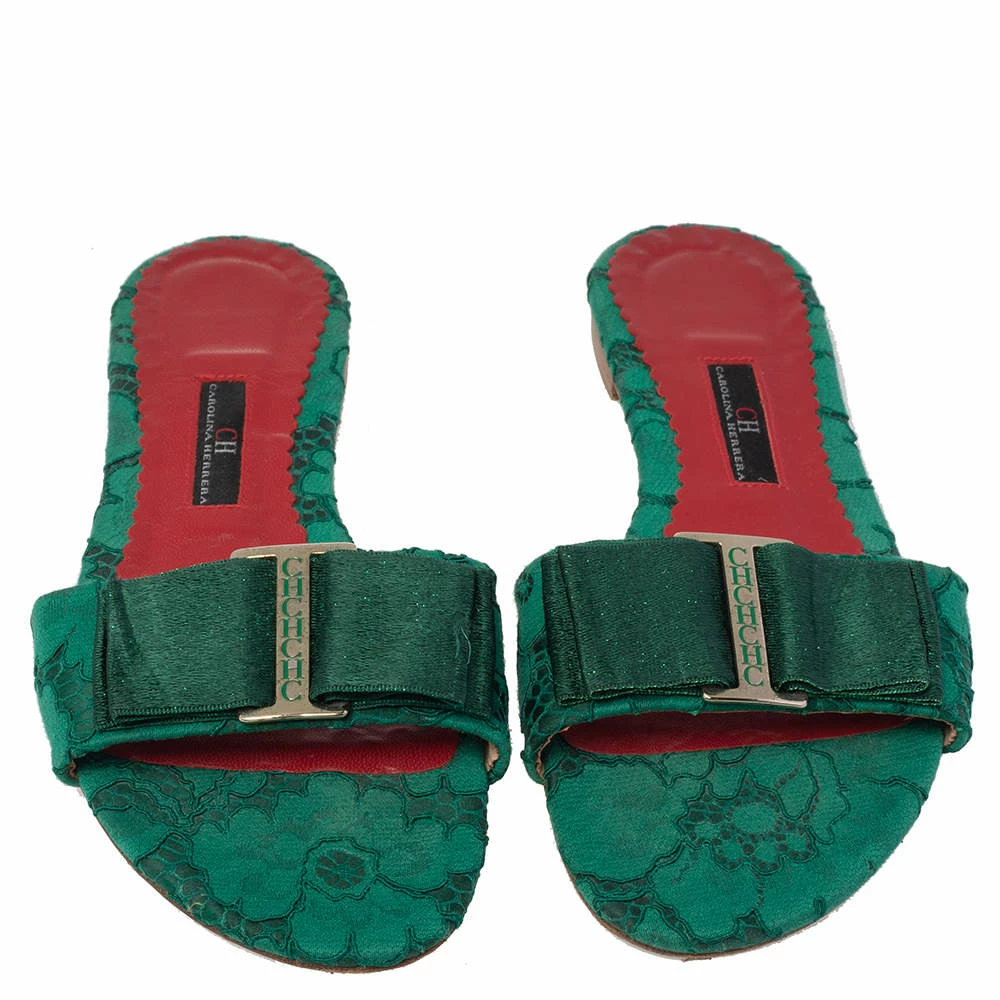 Carolina Herrera Green Lace Bow Detail Flat Slides Size 37 Women