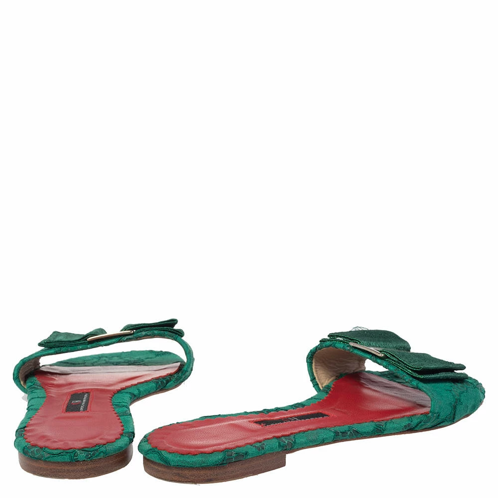Carolina Herrera Green Lace Bow Detail Flat Slides Size 37 Women