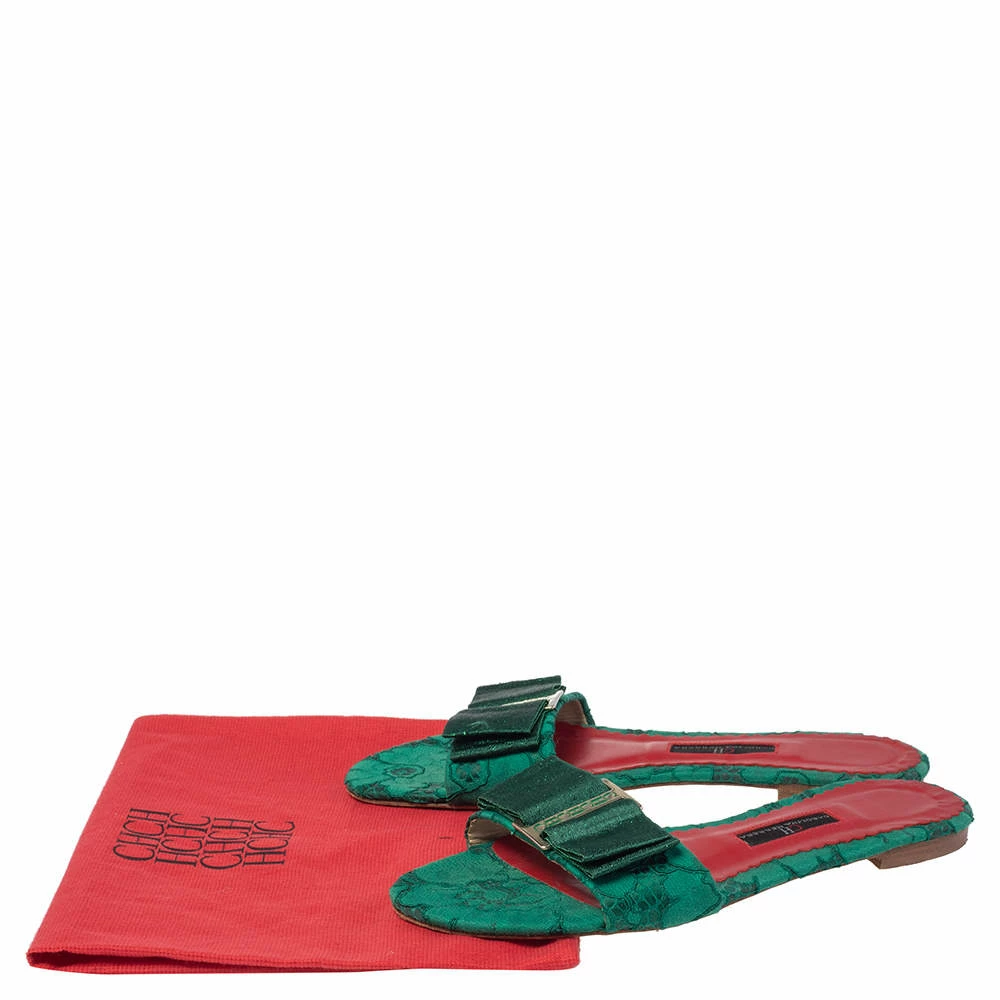 Carolina Herrera Green Lace Bow Detail Flat Slides Size 37 Women