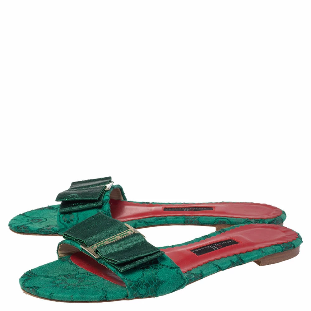 Carolina Herrera Green Lace Bow Detail Flat Slides Size 37 Women