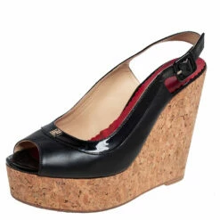 Carolina Herrera Black Patent And Leather Cork Wedge Platform Peep Toe Slingback Sandals Size 37 Women