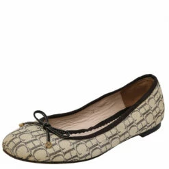 Carolina Herrera Beige/Brown Canvas And Leather Bow Ballet Flats Size 39 Women