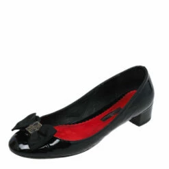 Carolina Herrera Black Patent Leather Bow Block Heel Pumps Size 41 Women