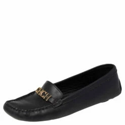 Carolina Herrera Black Leather Logo Detail Slip On Loafers Size 38 Women