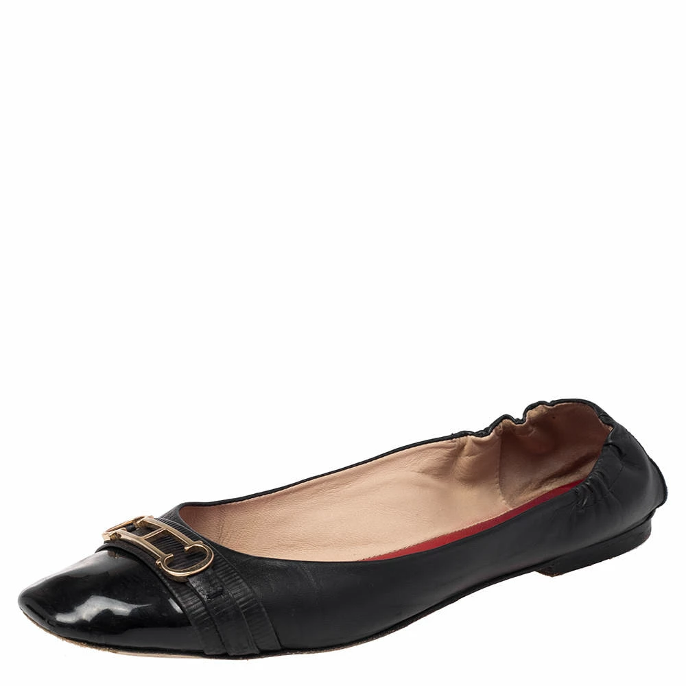 Carolina Herrera Black Leather Cut Out Initials Scrunch Ballet Flats Size 40 Women
