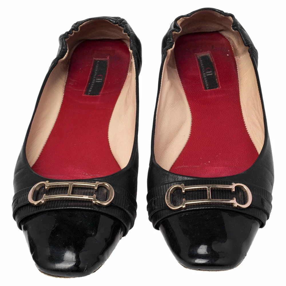Carolina Herrera Black Leather Cut Out Initials Scrunch Ballet Flats Size 40 Women