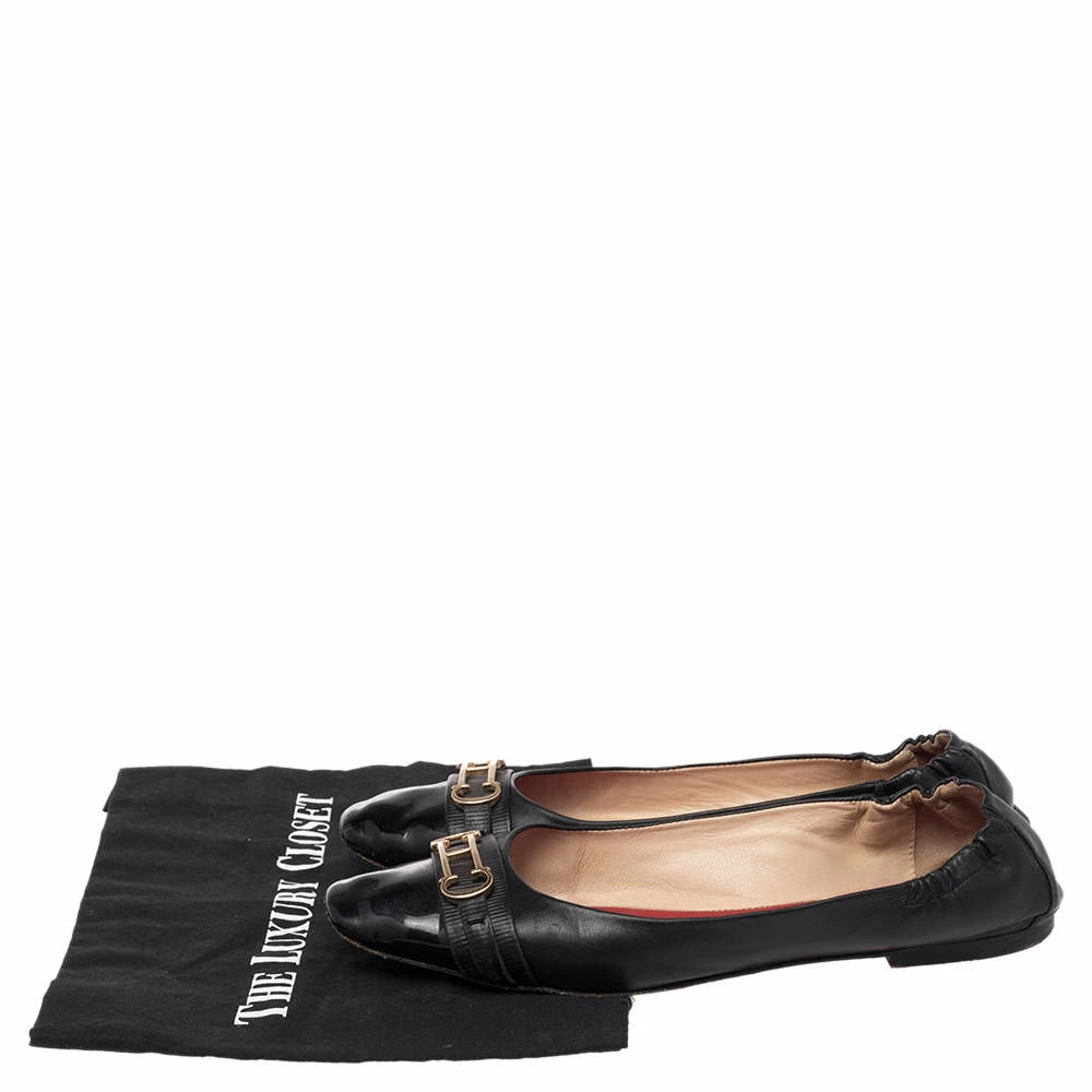 Carolina Herrera Black Leather Cut Out Initials Scrunch Ballet Flats Size 40 Women