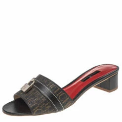 CH Carolina Herrera Brown Monogram Canvas And Leather Traveller Locked Slide Sandals Size 38 Women