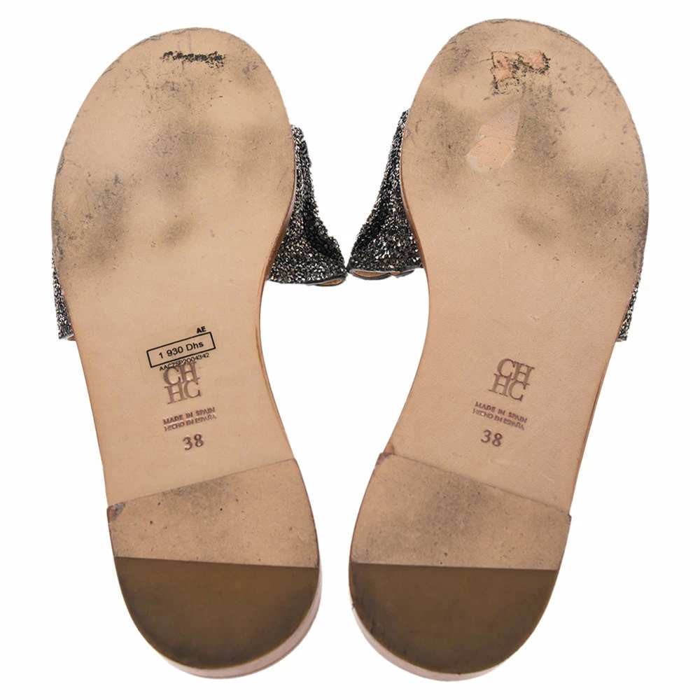 Carolina Herrera Multicolor Crystal Embellished CH Insignia Cutout Slide Flats Size 38 Women