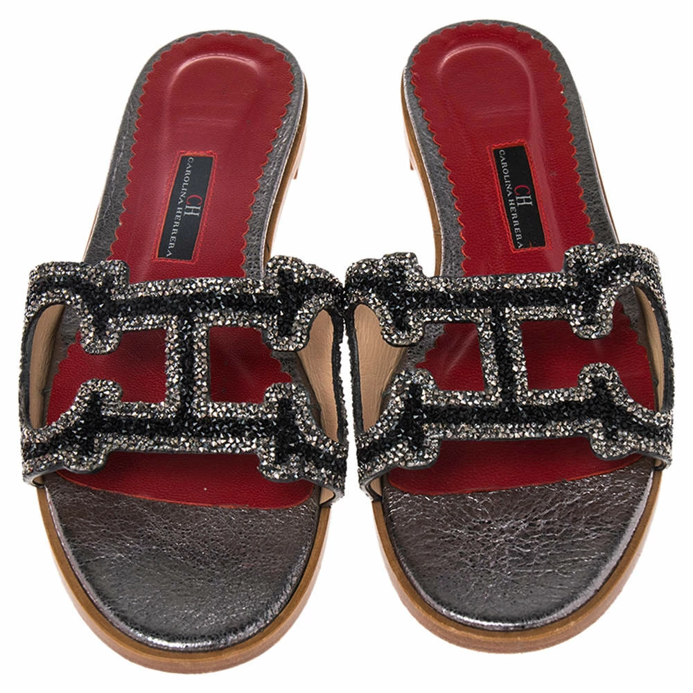 Carolina Herrera Multicolor Crystal Embellished CH Insignia Cutout Slide Flats Size 38 Women