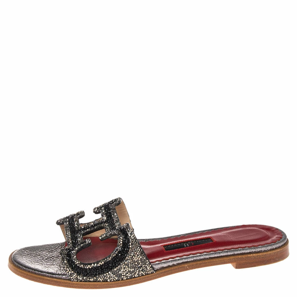 Carolina Herrera Multicolor Crystal Embellished CH Insignia Cutout Slide Flats Size 38 Women