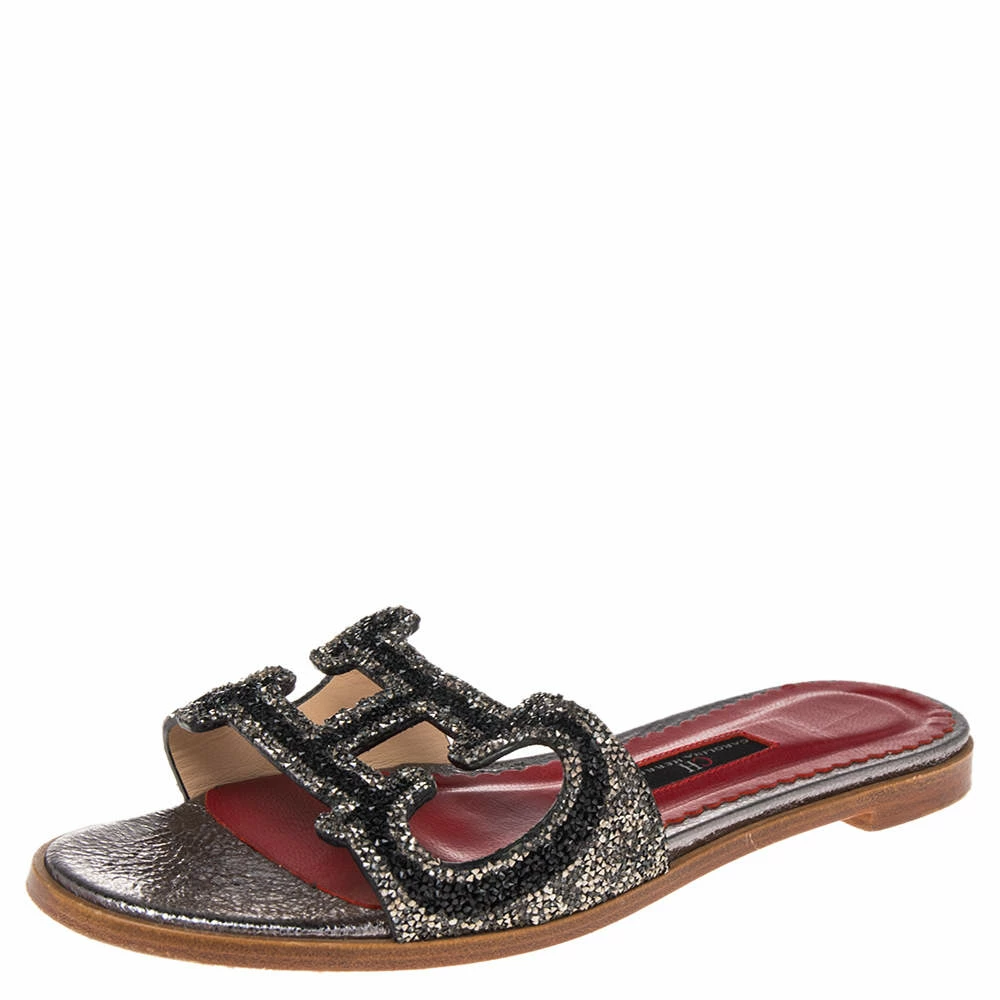 Carolina Herrera Multicolor Crystal Embellished CH Insignia Cutout Slide Flats Size 38 Women
