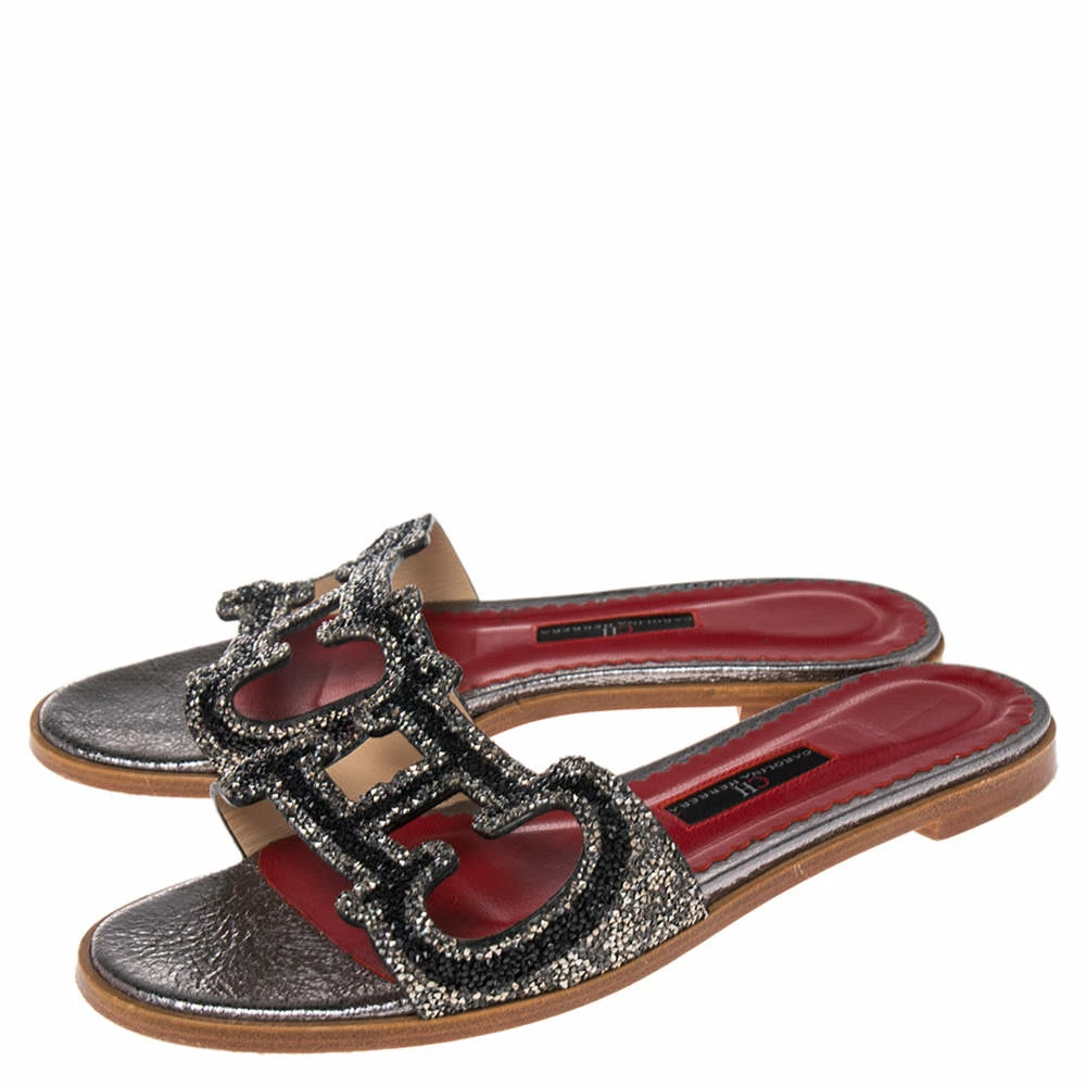 Carolina Herrera Multicolor Crystal Embellished CH Insignia Cutout Slide Flats Size 38 Women