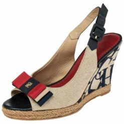 Carolina Herrera Beige Canvas Wedge Platform Espadrille Slingback Sandals Size 37 Women
