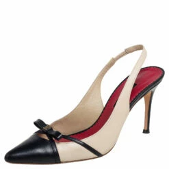 Carolina Herrera Beige/Black Leather Bow Pointed Toe Slingback Pumps Size 39 Women - Multicolor