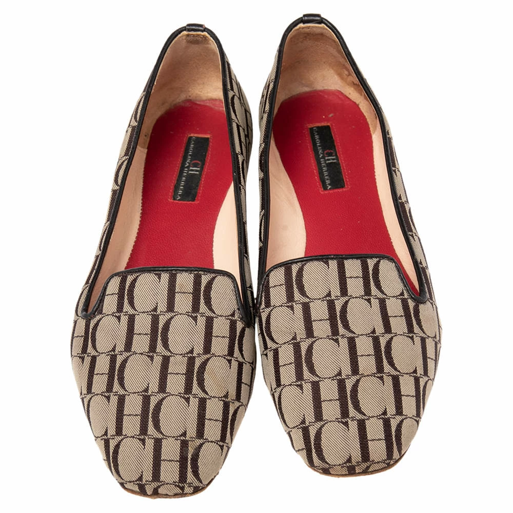 Carolina Herrera Brown/Beige Signature Canvas Logo Smoking Slippers Size 36 Women